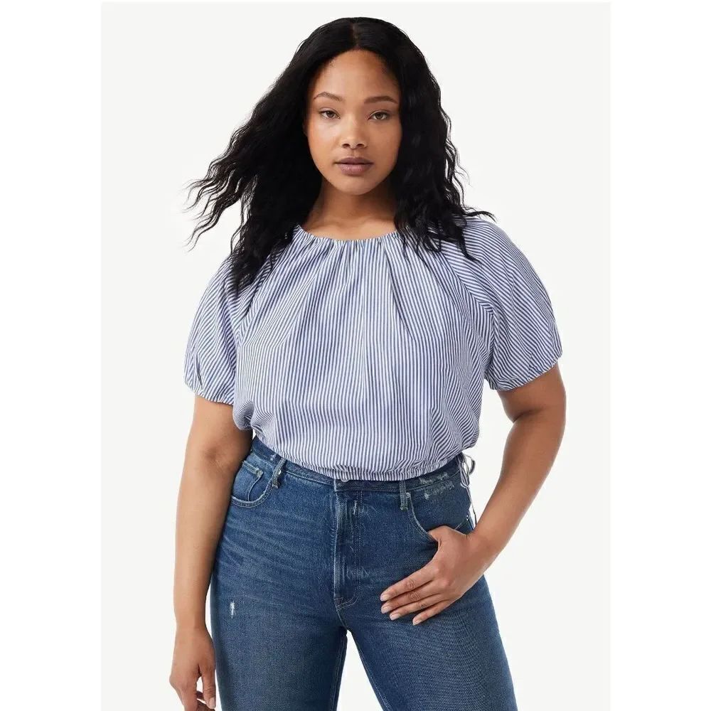 NWT Womens Free Assembly Pinstriped Short Sleeve Bubble Top - Sz XS